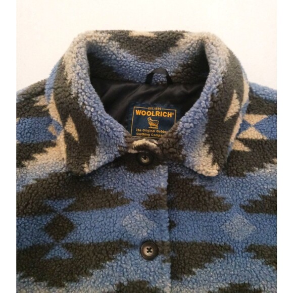 Woolrich Short Fleece Jacket Blue Gray Southwest Button Front Pockets Sz L - Picture 3 of 11